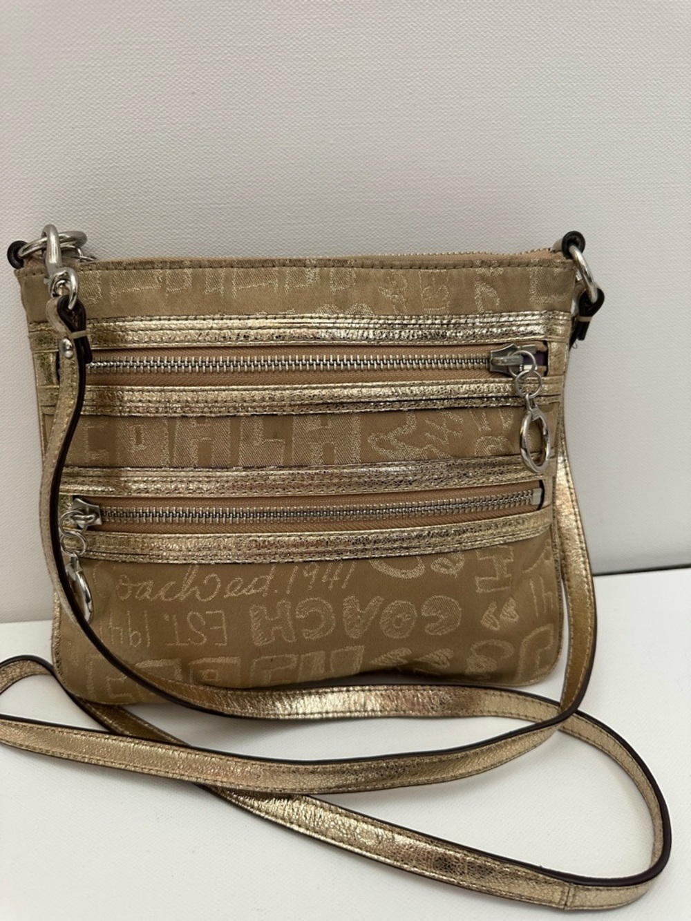 Coach Poppy Metallic Gold Crossbody with Front Zip Pockets
